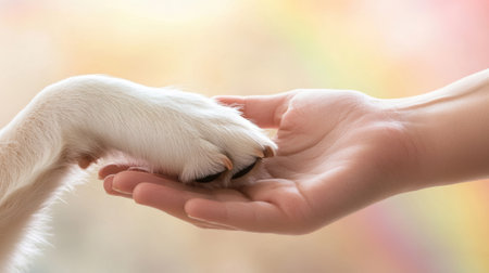 Dog paw gently resting in a human hand, symbolizing trust and companionship, AIの素材