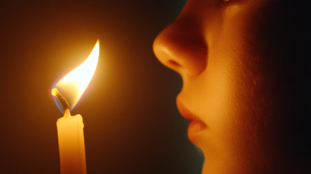 A person gently blows out a candle, creating a serene and intimate atmosphere, AIの素材
