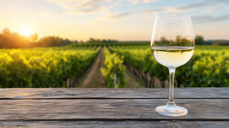 A glass of white wine sits on a wooden table overlooking a lush vineyard at sunset, AIの素材