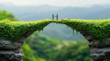 Two figures stand on a lush, green natural bridge, symbolizing connection and unity, AIの素材