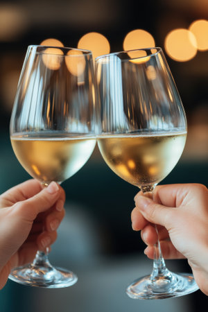 Two people clink glasses of white wine in a celebratory toast, AIの素材
