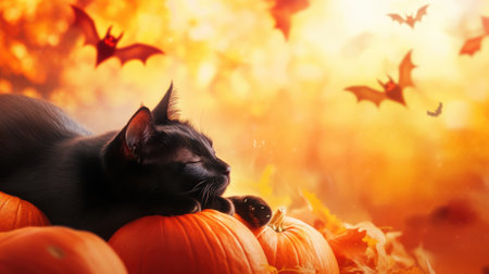 Black cat resting on pumpkins amidst a vibrant autumn scene with flying bats, AIの素材