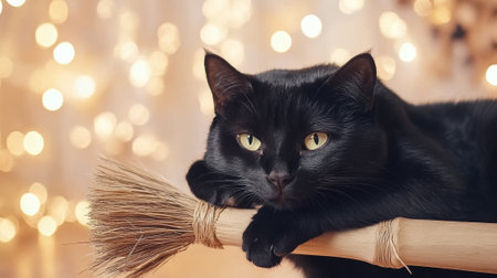 Black cat resting on a broomstick with a dreamy bokeh background, AIの素材