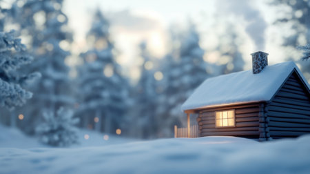 Cozy cabin nestled in a snowy forest with warm light glowing from the window, AIの素材