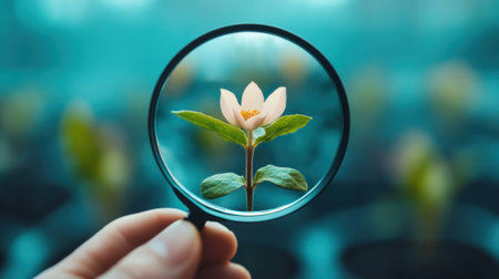 Magnified view of a delicate white flower with lush green leaves, AIの素材
