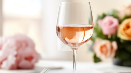 A glass of rosÃ© wine elegantly set against a backdrop of soft pink and peach roses, AIの素材