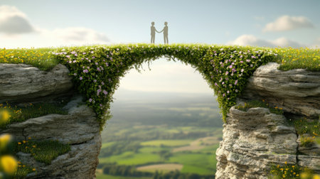 Two figures stand on a natural stone bridge covered in lush greenery and flowers, AIの素材
