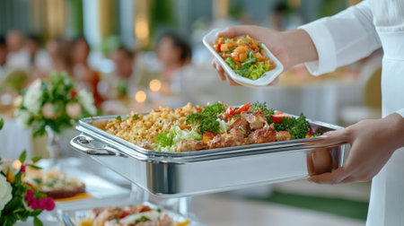 Buffet server presenting a tray of colorful, fresh dishes at an elegant event, AIの素材