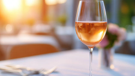 A glass of rosÃ© wine glows warmly in the soft evening light on a restaurant table, AIの素材