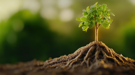 Young tree with vibrant green leaves grows atop a mound of exposed roots, AIの素材