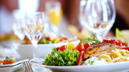 Elegant dining setup with gourmet dish featuring grilled chicken and fresh vegetables, AIの素材