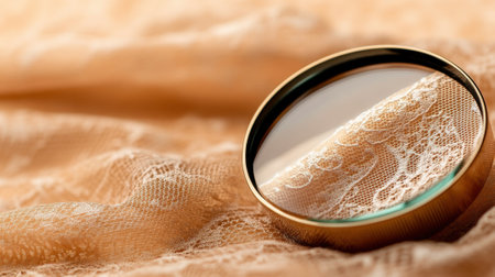 Elegant lace fabric reflected in a round mirror, creating a delicate and artistic scene, AIの素材