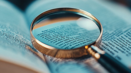 Magnifying glass focusing on text in an open book, highlighting detailed words, AIの素材