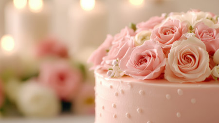 Elegant pink cake adorned with delicate roses, perfect for a romantic celebration, AIの素材