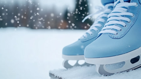 Blue ice skates rest on a snowy surface, capturing the essence of winter sports, AIの素材