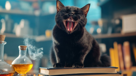 A black cat yawns atop a book in a cozy, potion-filled room, AIの素材