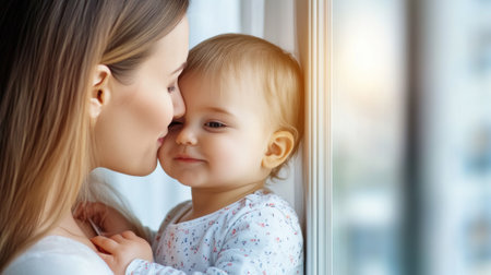Mother gently kisses her babys forehead by a sunlit window, AIの素材