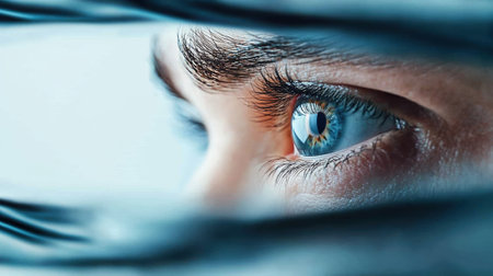 Close-up of a blue eye peering through blinds, capturing curiosity and focus, AIの素材