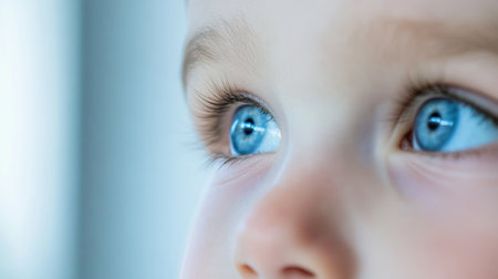 Close-up of a childs bright blue eyes gazing with curiosity and wonder, AIの素材