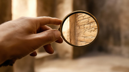 A hand holds a magnifying glass, focusing on a textured brick wall, AIの素材