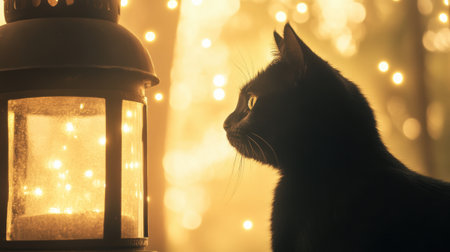 Black cat gazes at glowing lantern amidst warm, golden lights, AIの素材