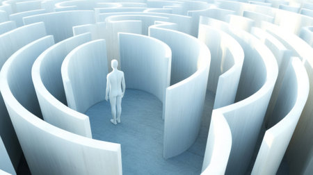 A lone figure navigates a vast, white maze, symbolizing the journey of self-discovery, AIの素材