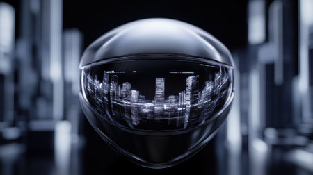 Futuristic helmet reflecting a digital cityscape in a sleek, high-tech environment, AIの素材
