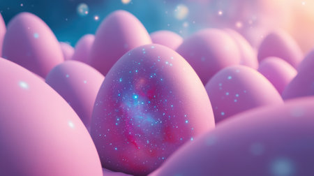 Pink eggs with cosmic patterns create a dreamy, otherworldly atmosphere, AIの素材