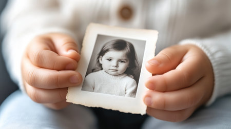 Child holding a vintage photo of a young girl, evoking nostalgia and warmth, AIの素材