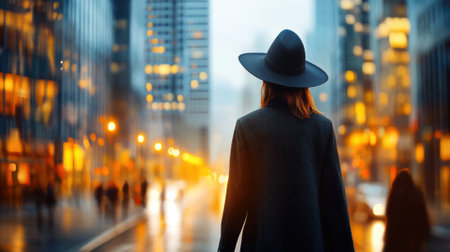A person in a wide-brimmed hat walks through a vibrant city street at dusk, AIの素材