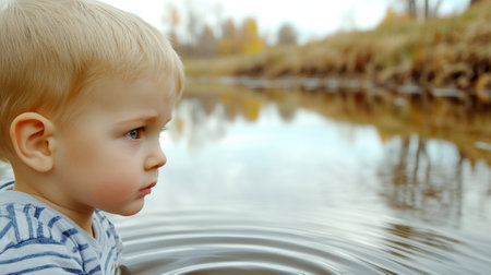 Toddler gazes thoughtfully at the rippling water of a serene autumn pond, AIの素材