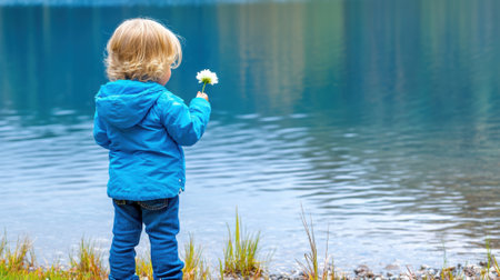 Toddler in a blue jacket holds a daisy by a serene lakeside, AIの素材