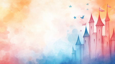 Whimsical castle with colorful towers against a dreamy watercolor sky, AIの素材