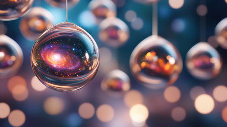 Galaxies reflected in hanging glass spheres create a cosmic and ethereal ambiance, AIの素材