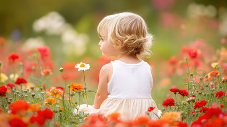 Toddler in a vibrant flower field, gazing at a single white bloom, AIの素材