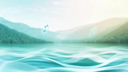 Musical notes float above serene waters, blending nature and melody in harmony, AIの素材
