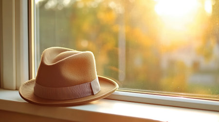 A beige fedora hat rests on a windowsill, bathed in warm, golden sunlight, AIの素材