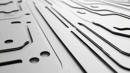 Abstract black lines and circles on a sleek white surface create a futuristic design, AIの素材