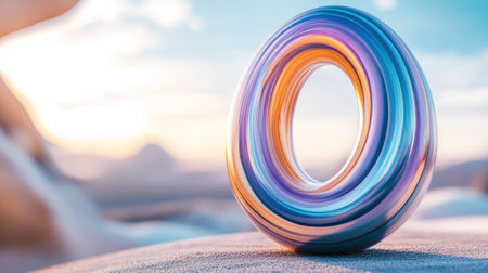 Vibrant abstract ring sculpture set against a serene desert landscape at sunset, AIの素材
