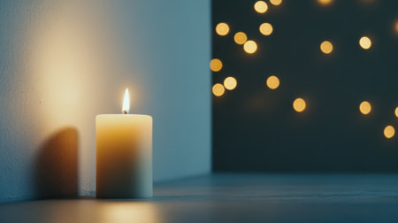A lit candle casts a warm glow against a wall, with soft bokeh lights in the background, AIの素材