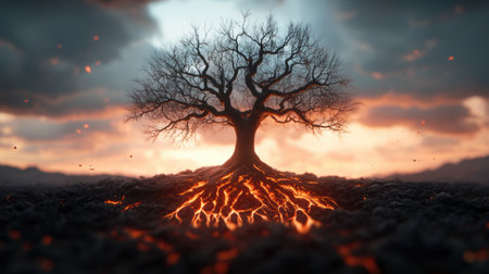 Ancient Yggdrasil ash tree with glowing roots amidst a fiery landscape at sunset, AIの素材