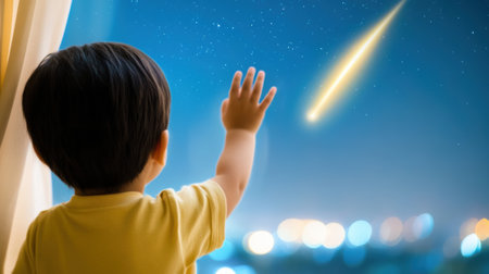 Child reaching for a shooting star in a starlit night sky, AIの素材