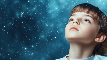 Young girl gazing at a starry night sky, filled with wonder and curiosity, AIの素材