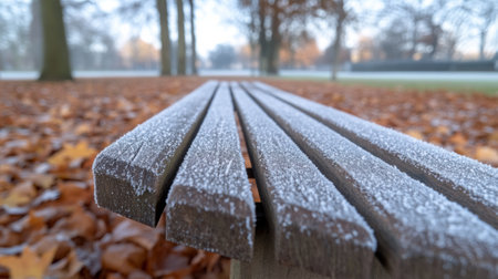 Frost-covered bench in a park surrounded by fallen autumn leaves, AIの素材