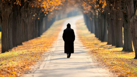 A solitary figure walks down a tree-lined path on an autumn day, AIの素材