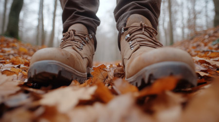 Sturdy hiking boots step through a forest carpeted with autumn leaves, AIの素材