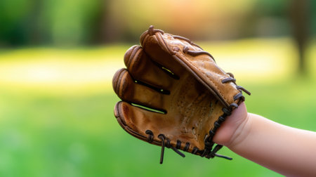 A childs hand wearing a baseball glove reaches out against a blurred green background, AIの素材