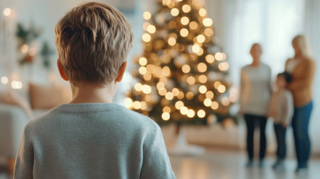 Child gazes at a beautifully lit Christmas tree, with family in the background, AIの素材