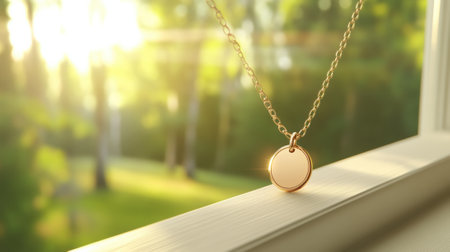 Golden pendant necklace glistens in the warm glow of a sunlit window, AIの素材