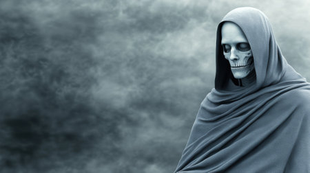 Grim Reaper shrouded in misty gray, evoking mystery and contemplation, AIの素材